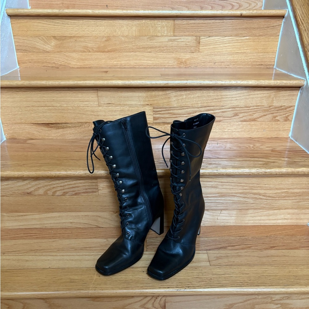 White Mountain Black Leather Lace-Up Boots
